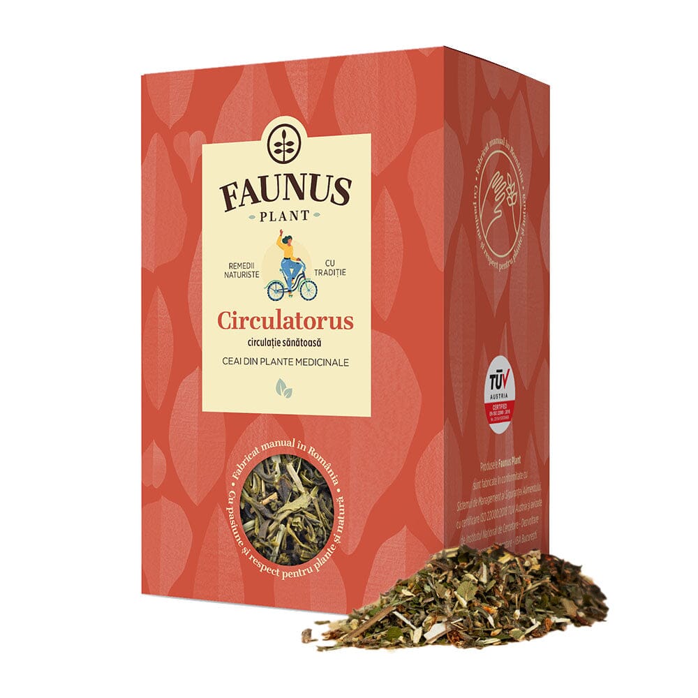 Imagine cu Ceaiul Circulatorus de la Faunus Plant, cu frunzele de ceai desfășurate pentru a arăta compoziția din plante, alături de cutia produsului.
