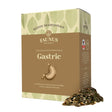 Cutie de Ceai Gastric 180g de la Faunus Plant, vedere frontală cu design tradițional și simbolul stomacului, destinat funcționării normale a tractului gastrointestinal. Mostra din fața cutiei prezintă plante medicinale uscate. Certificat TÜV Austria.