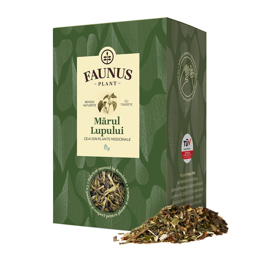 Cutie de Ceai Mărul Lupului 90g de la Faunus Plant, vedere frontală, cu design verde închis și imaginea unei plante stilizate, destinat detoxifierii și susținerii sănătății pielii. Mostra de plante este vizibilă în partea inferioară.