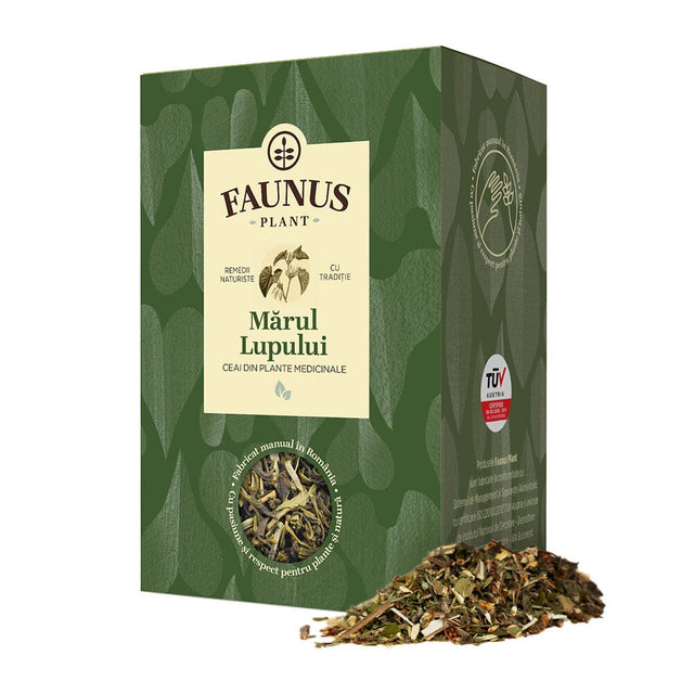 Cutie de Ceai Mărul Lupului 90g de la Faunus Plant, vedere frontală, cu design verde închis și imaginea unei plante stilizate, destinat detoxifierii și susținerii sănătății pielii. Mostra de plante este vizibilă în partea inferioară.