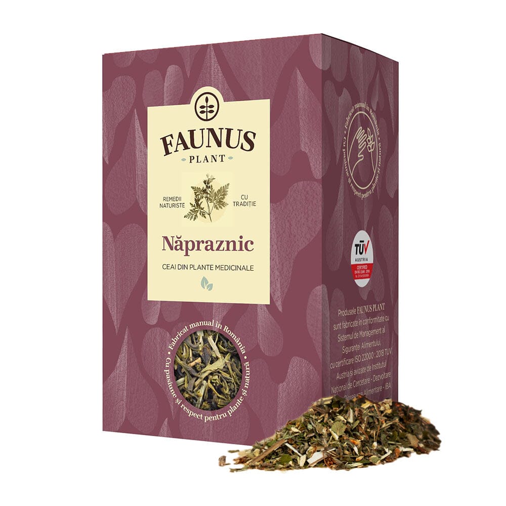 Cutie de Ceai Năpraznic 90g de la Faunus Plant, vedere frontală, cu design mov și imaginea unei flori stilizate, destinat susținerii imunității și sănătății reproductive. Mostra de plante medicinale este amplasată în fața cutiei.