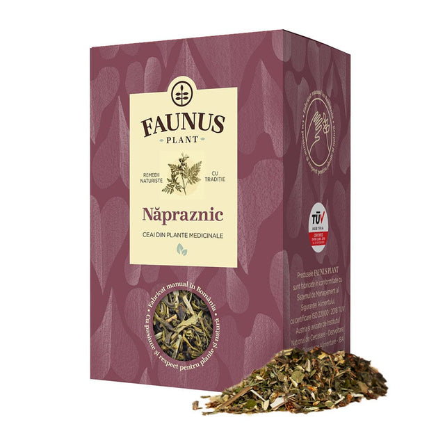 Cutie de Ceai Năpraznic 90g de la Faunus Plant, vedere frontală, cu design mov și imaginea unei flori stilizate, destinat susținerii imunității și sănătății reproductive. Mostra de plante medicinale este amplasată în fața cutiei.