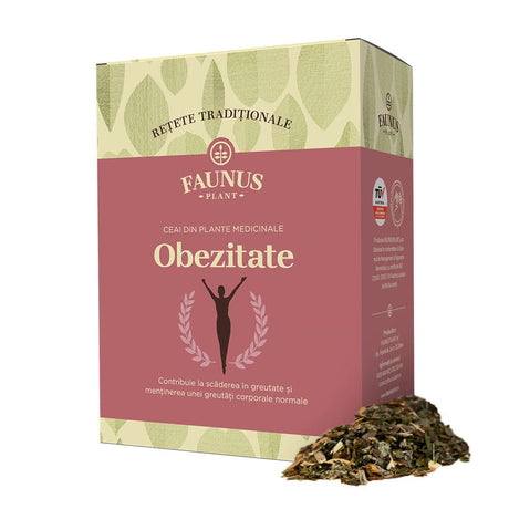 Cutie de Ceai Obezitate 180g de la Faunus Plant, vedere frontală, cu design roz și silueta stilizată a unei persoane, destinat sprijinirii pierderii în greutate și menținerii greutății corporale normale. Mostra de plante medicinale se află în partea de jos a cutiei.
