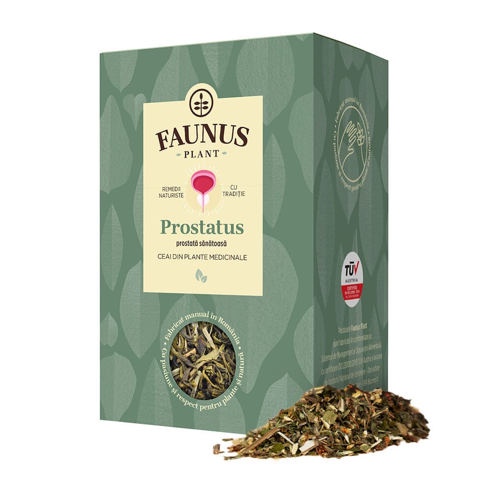 Cutie de Ceai Prostatus 90g de la Faunus Plant, vedere frontală, cu design verde și imaginea stilizată a unei prostate, destinat menținerii sănătății prostatei. În prim-plan se află o mostră de amestec de plante medicinale.
