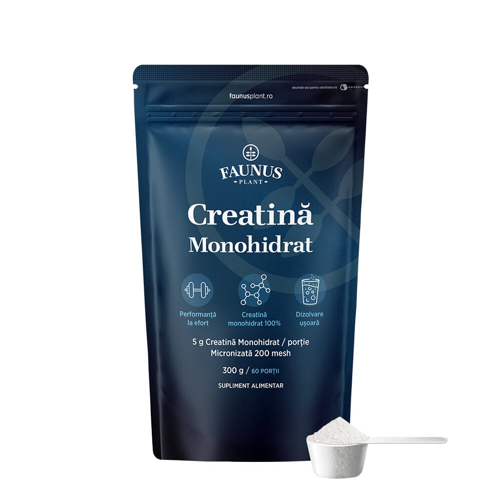 Creatină Monohidrat – Creatină pudră micronizată 200 mesh pentru performanță fizică și forță musculară. Pudră 300g Supliment alimentar Faunus Plant