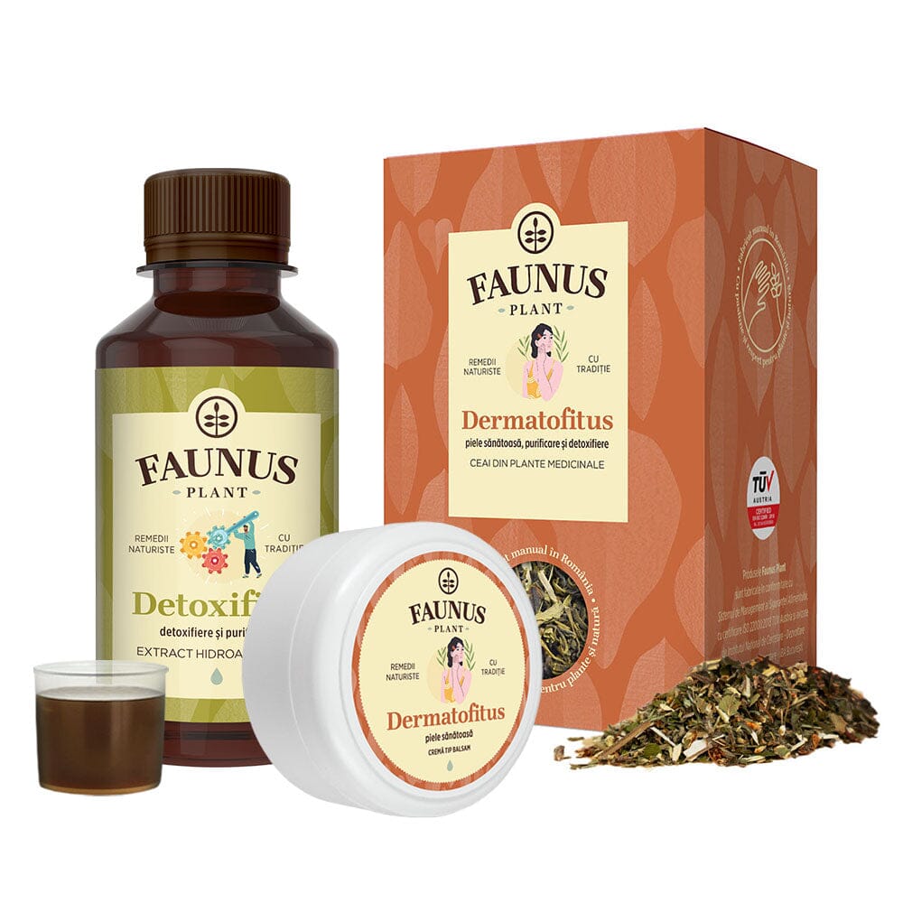 Pachet Acnee si Eczeme de la Faunus Plant incluzând Ceai Dermatofitus, Cremă Tip Balsam Dermatofitus și Tinctura Detoxifius de la Faunus Plant. Produsele sunt recomandate pentru detoxifiere, purificarea pielii și îngrijirea naturală a afecțiunilor dermatologice.