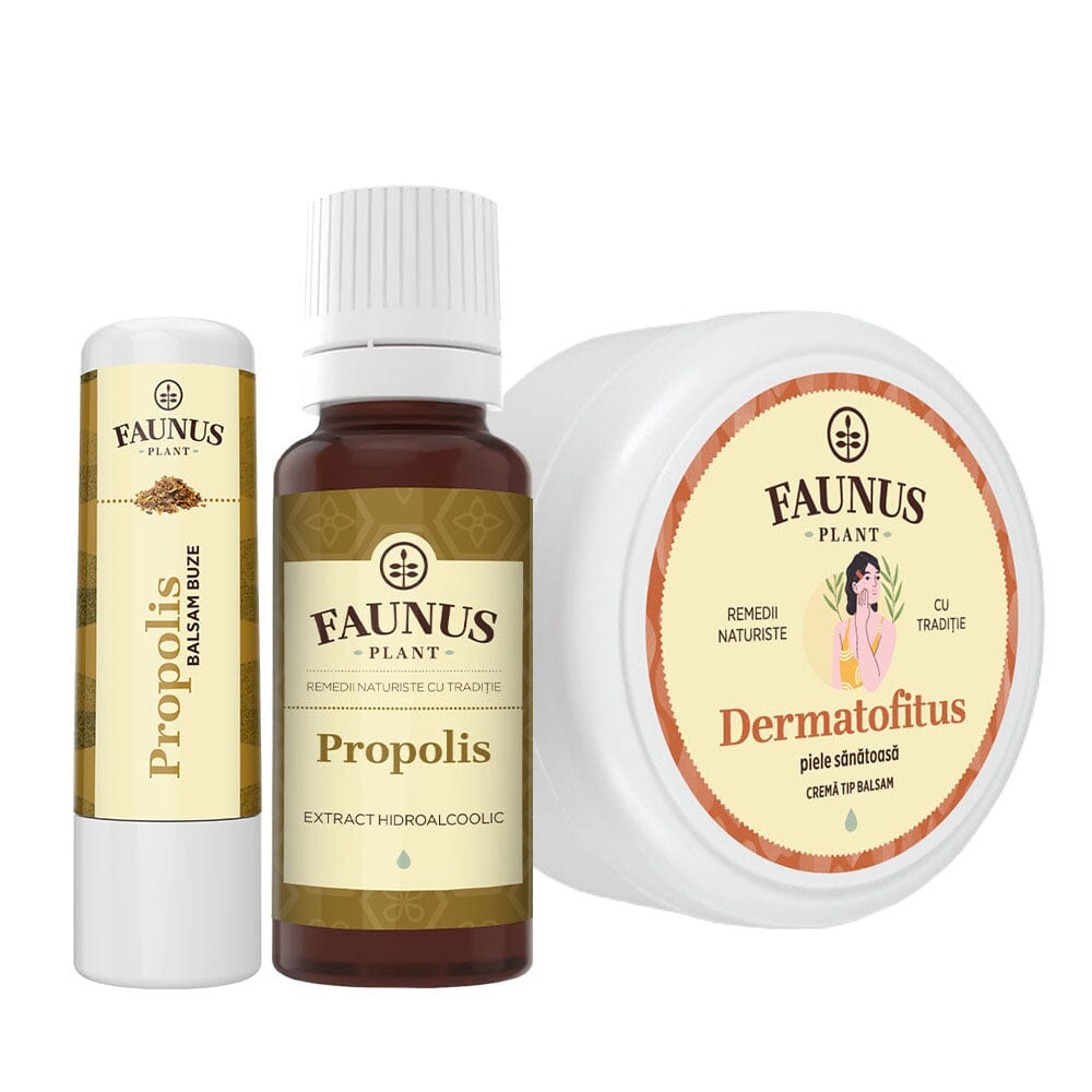 Pachet Arsuri, Răni și Mușcături de la Faunus Plant, incluzând Cremă Tip Balsam Dermatofitus, tinctura de Propolis și balsam de buze Propolis, prezentate împreună. Design natural, destinat îngrijirii pielii și tratamentului rănilor minore, cu ingrediente tradiționale.