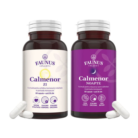 Flacon Calmenor Zi de culoare albă, alături de flacon Calmenor Noapte de culoare mov, pe fundal alb, având câte două capsule albe în dreptul fiecăruia.