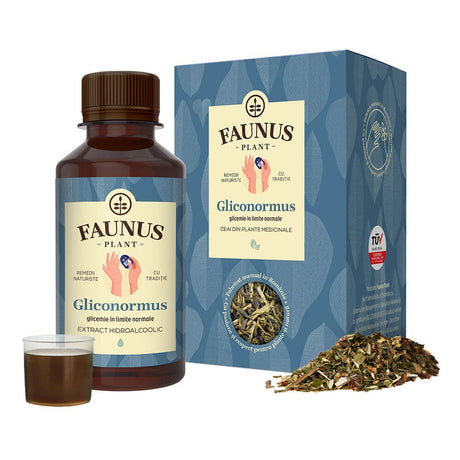 Pachet Diabet Reglarea Glicemiei de la Faunus Plant, care conține ceai și tinctură pentru reglarea glicemiei. Designul include culori albastre și ilustrații specifice produselor naturale, alături de plante medicinale.