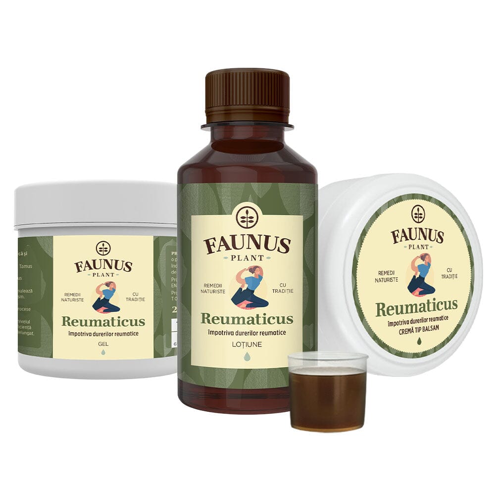 Pachet Reumaticus de la Faunus Plant, vedere frontală, ce include tinctura, gelul și Cremă Tip Balsam Reumaticus de la Faunus Plant, destinate ameliorării durerilor reumatice și articulare. Ambalajul evidențiază un design verde natural, cu ilustrații ce sugerează relaxarea musculară, marcate cu sigla Faunus Plant.