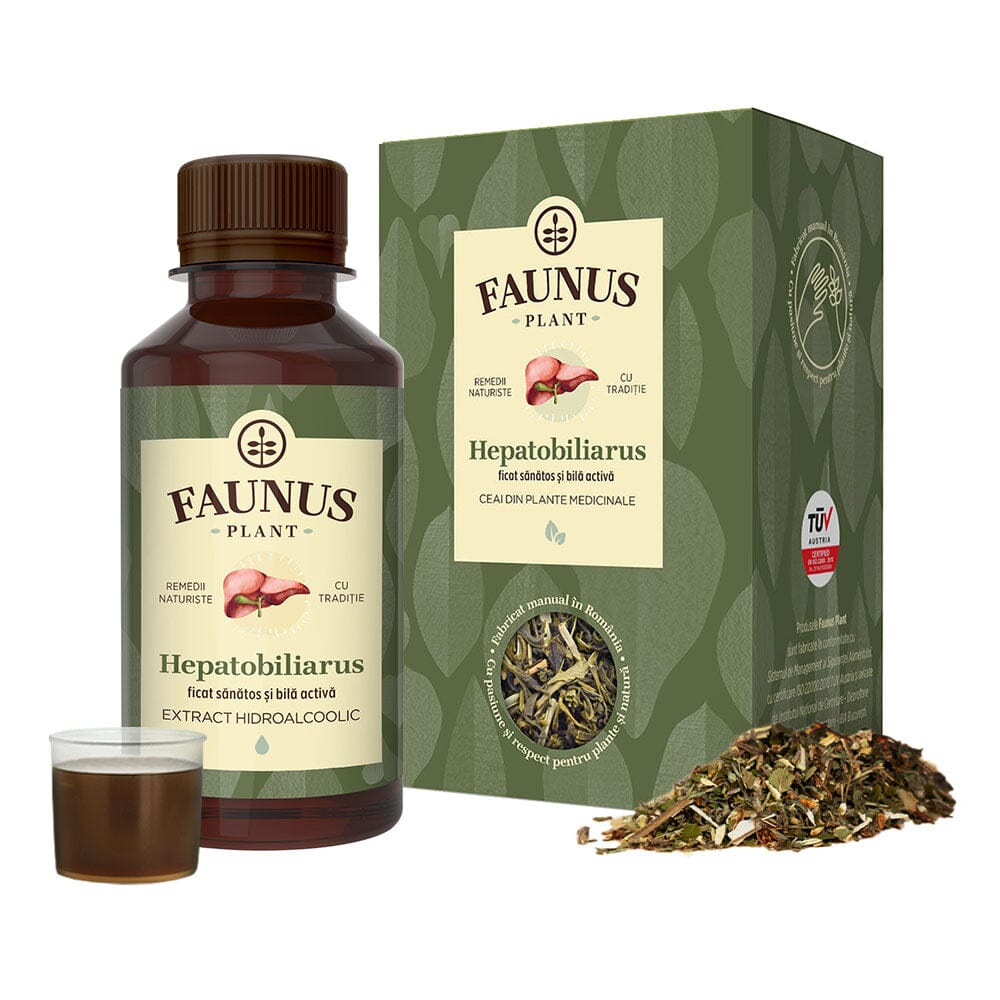 Pachet Ficat Sănătos de la Faunus Plant, care conține ceai Hepatobiliarus din plante medicinale și tinctură hidroalcoolică, ambalate elegant, recomandat pentru susținerea sănătății ficatului și a bilei active, cu mostră de tinctură și plante din ceai alături.