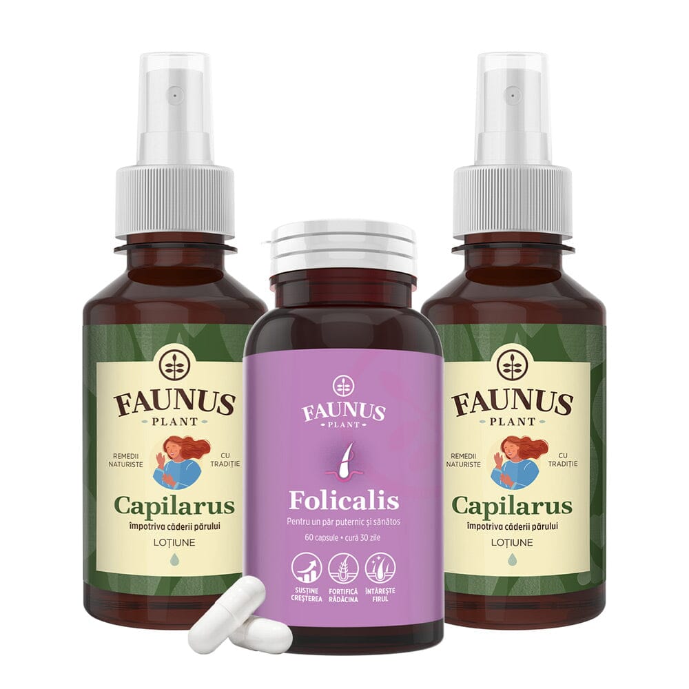 Pachet Păr Sănătos – Capsule și loțiune împotriva căderii părului, regenerarea firului și suport natural pentru rădăcini puternice Pachet Faunus Plant