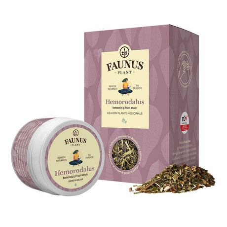 Pachet Hemoroizi și Fisuri Anale de la Faunus Plant, compus din Ceai Hemorodalus și Cremă Tip Balsam Hemorodalus. Ambalajele evidențiază specificațiile produsului și sigla TÜV Austria.