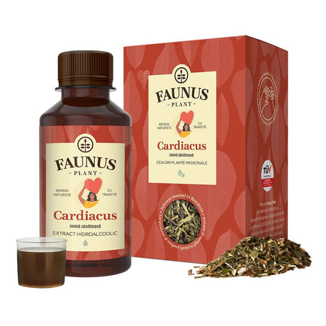 Pachet Inima Sănătoasă de la Faunus Plant, ce conține Ceai Cardiacus și flacon de Tinctură Cardiacus de la Faunus Plant, pachet dedicat menținerii sănătății inimii. Design în nuanțe de roșu cu ilustrație a unei inimi stilizate și logo Faunus Plant, simbolizând produse naturiste de calitate. Mostră de tinctură și plante din ceai, alături.