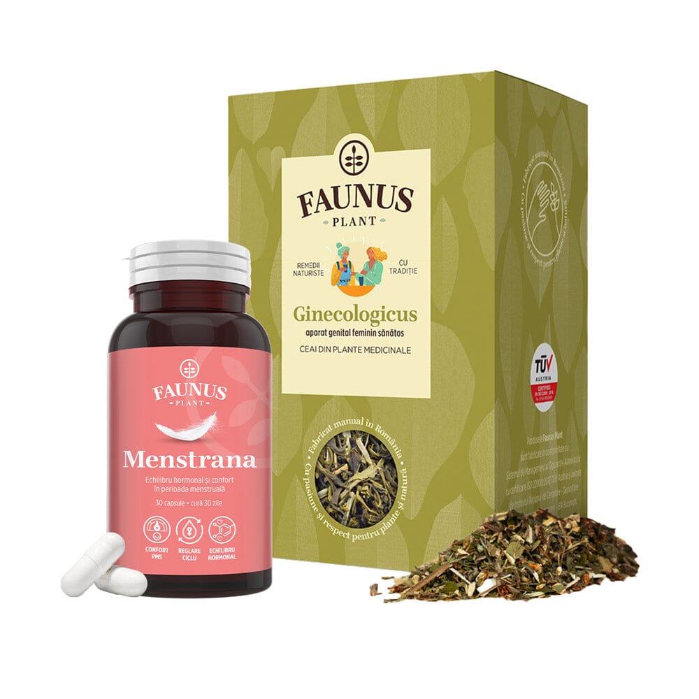 Pachet Confort Menstrual - Ceai și capsule pentru reglarea ciclului menstrual, echilibrul hormonal și dureri menstruale Pachet Faunus Plant