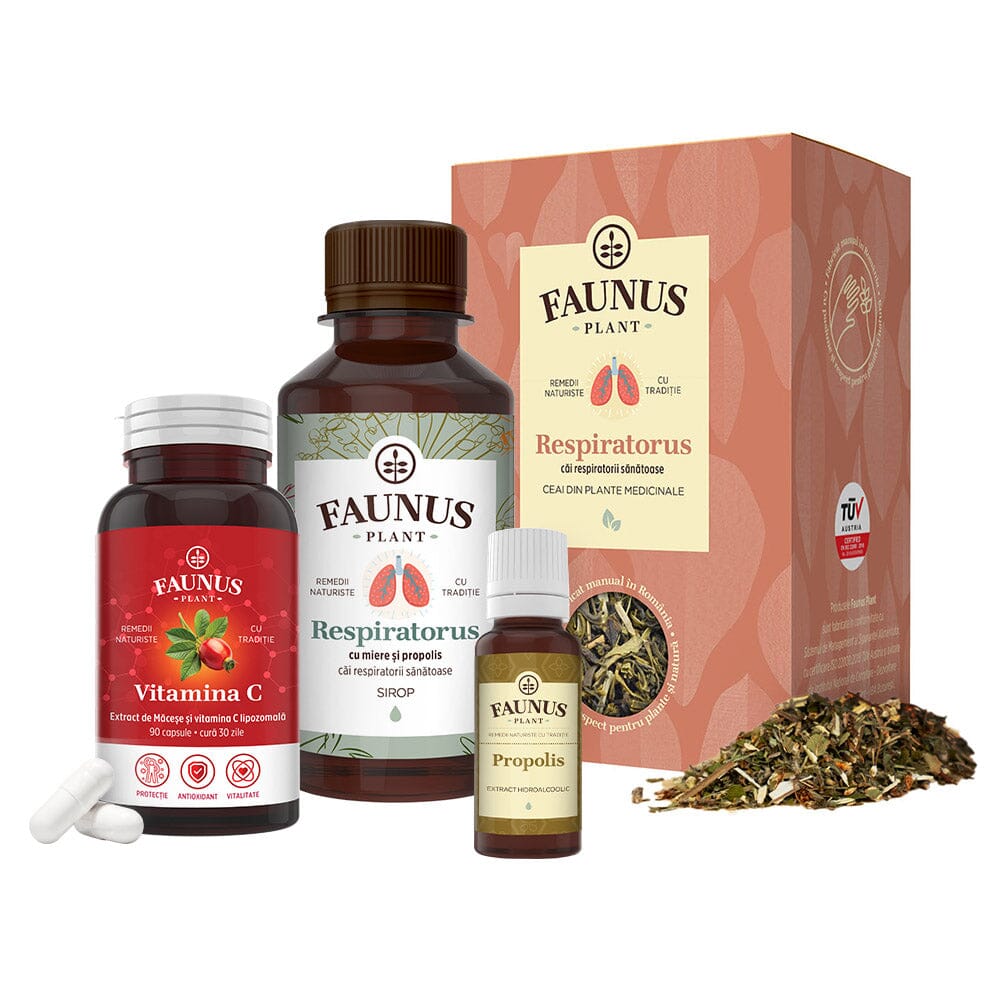 Pachet Răceală și Gripă – Ceaiuri, siropuri și tinctură cu plante medicinale și vitamine pentru prevenirea și tratarea simptomelor de gripă și răceală Pachet Faunus Plant