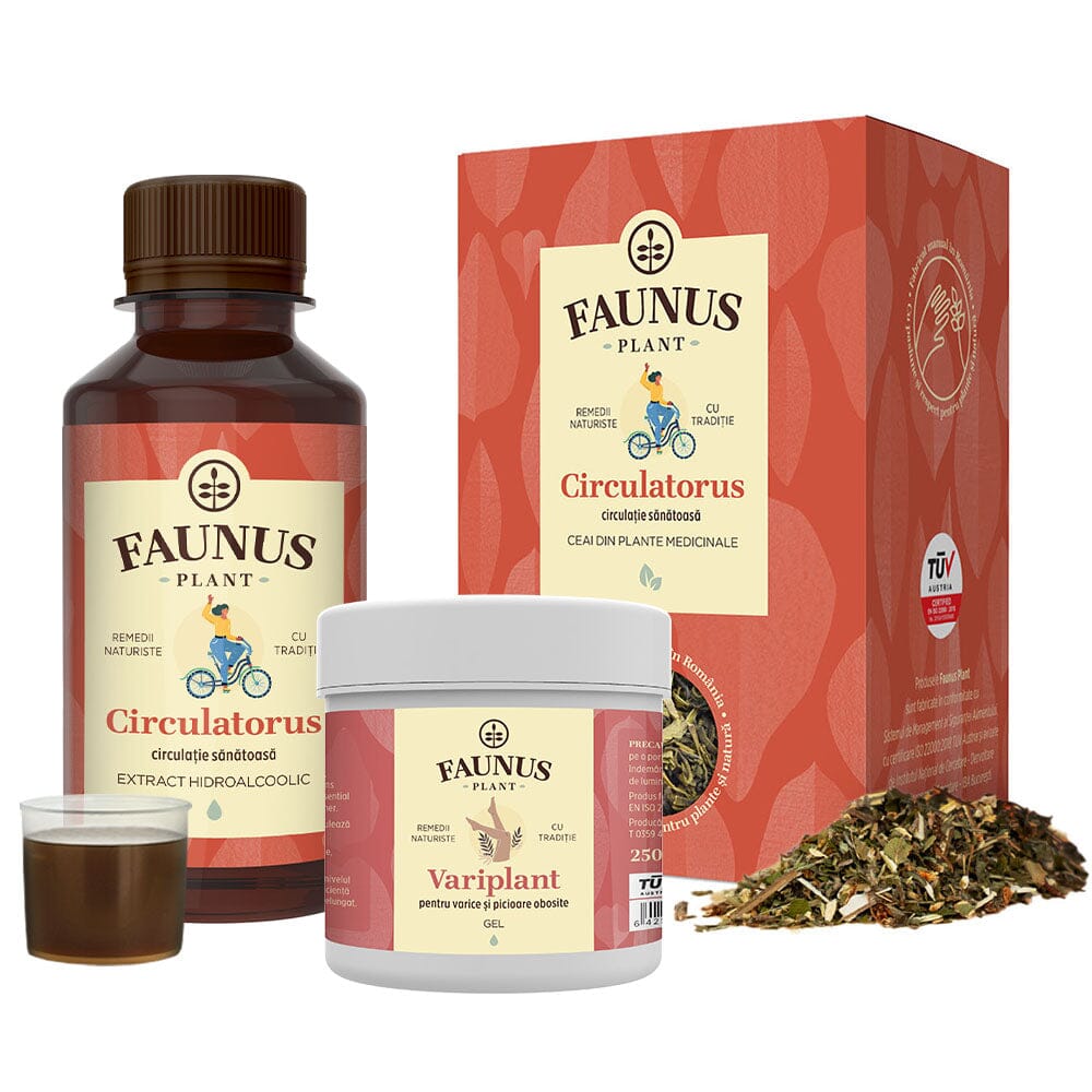 Pachet Picioare Sănătoase și Frumoase de la Faunus Plant, compus din Ceai Circulatorus, Tinctură Circulatorus și Gel Variplant, destinat îmbunătățirii circulației și reducerii disconfortului la nivelul picioarelor. Mostră de tinctură și plante de ceai.