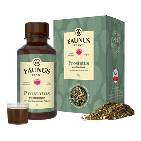 Pachet Prostată Sănătoasă de la Faunus Plant, compus din Ceai Prostatus și Tinctură Prostatus, vedere frontală. Ambalaj de culoare verde, evidențiind simboluri naturale și text informativ despre beneficiile pentru sănătatea prostatei și a aparatului urinar. Logo TÜV Austria prezent pe ambalaj și mostră de tinctură și plante din ceai, alături.