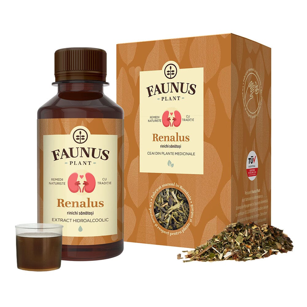Pachet Rinichi Sănătoși de la Faunus Plant, compus din cutie de ceai Renalus și sticlă de tinctură Renalus de la Faunus Plant, prezentate alături de o mostră de tinctură. Ambalajul are un design maro cald, cu ilustrația rinichilor, simbolizând sănătatea aparatului urinar. Conținutul este fabricat manual în România și certificat TÜV Austria.