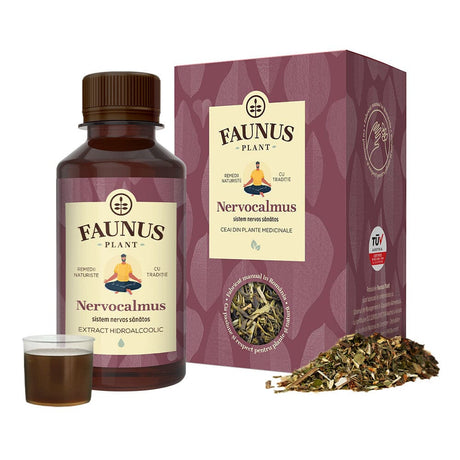 Pachet Sistem Nervos Sănătos de la Faunus Plant, incluzând Ceaiul Nervocalmus și Tinctura Nervocalmus. Produsele sunt etichetate cu mesajul Sistem nervos sănătos și sunt prezentate împreună cu mostră de tinctură în căpăcel și plante medicinale uscate, sugerând compoziția naturală.