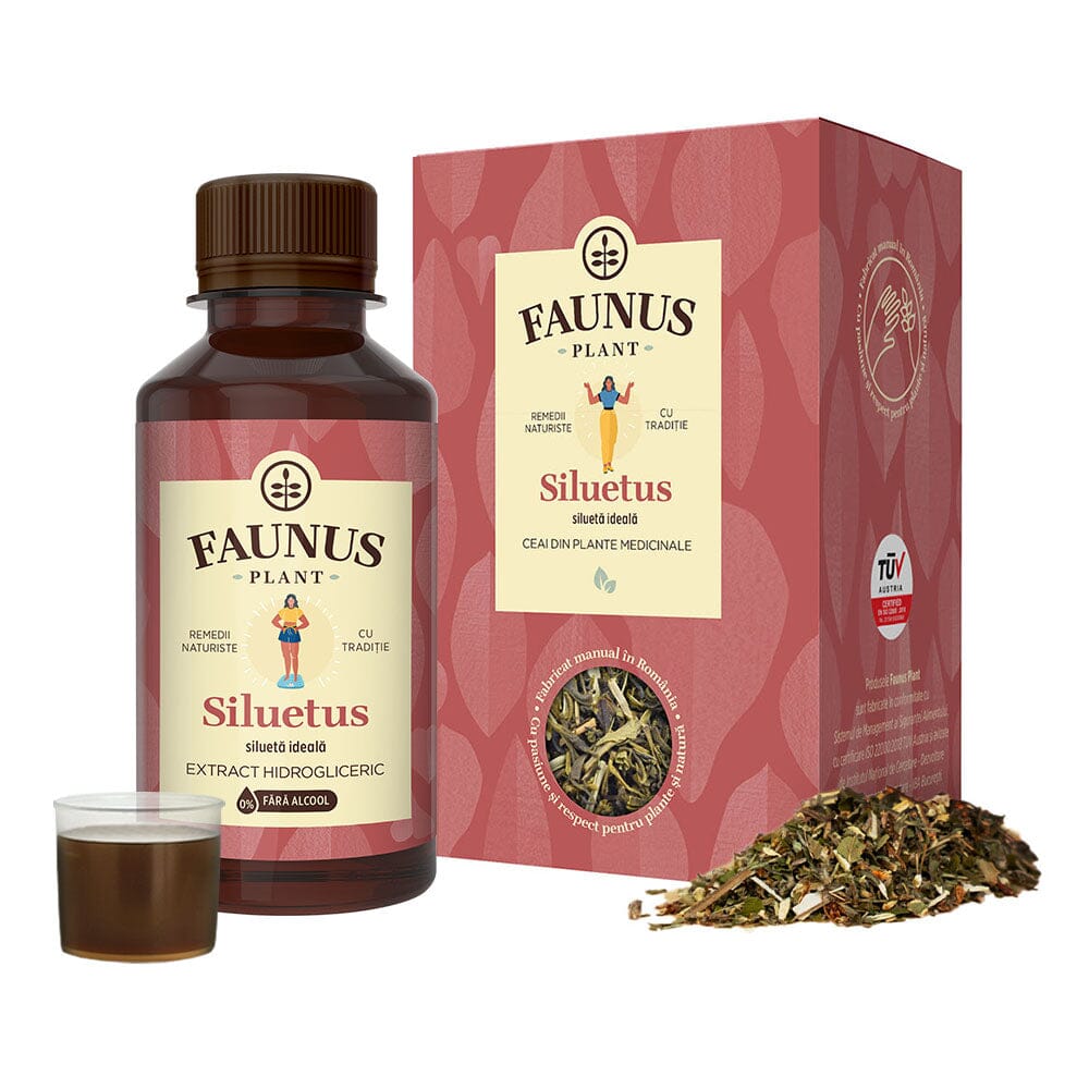 Pachet Slăbire de la Faunus Plant, format din ceai din plante medicinale și tinctură hidroalcoolică, ambalate în culori calde de roșu. Pachetul este destinat susținerii siluetei ideale, având ingrediente 100% naturale și certificări de calitate TÜV Austria.