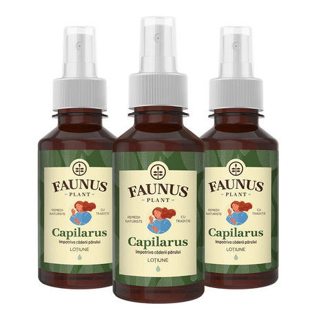 Pachet Stimularea Creșterii Părului de la Faunus Plant, ce conține trei flacoane de tinctură Capilarus cu pulverizator, remediu natural pentru stimularea creșterii părului și reducerea căderii acestuia, cu etichete de culoare verde și ilustrație reprezentând o femeie cu păr lung.