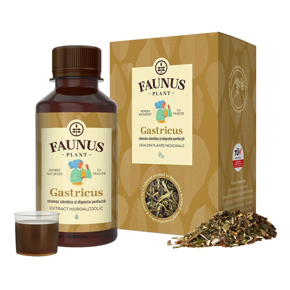 Pachet Stomac Sǎnǎtos - Afecțiuni Gastro-Intestinale de la Faunus Plant, format din Ceai Gastricus și Tinctură Gastricus, cu un design natural și ambalaje aurii, pe fundal alb.