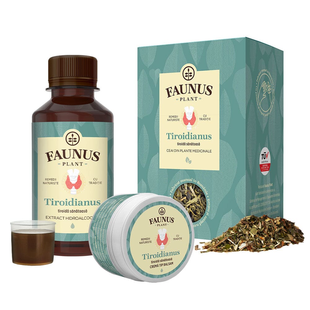 Pachet Tiroidă Sănătoasă de la Faunus Plant, compus din cutie de Ceai Tiroidianus, sticluță de Tinctură Tiroidianus și recipient de Cremă Tip Balsam Tiroidianus de la Faunus Plant, prezentate împreună, destinate susținerii sănătății tiroidei și menținerii echilibrului hormonal.