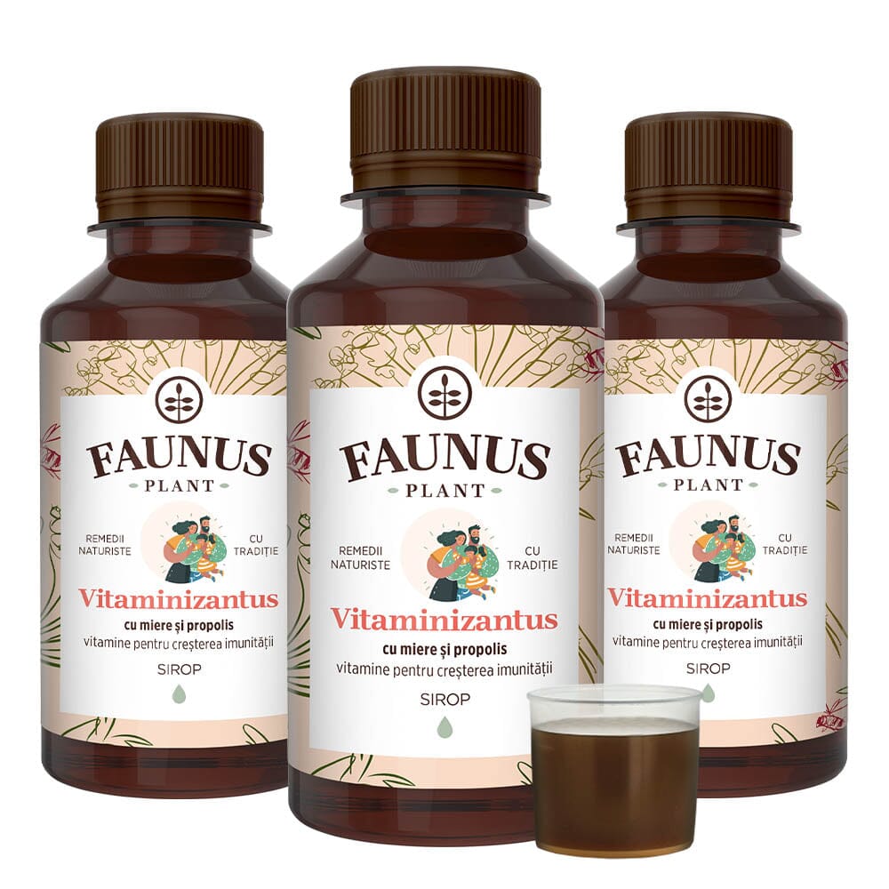 Pachet Vitaminizant Imunitate Copii - Sirop Vitaminizantus cu Miere și Propolis de la Faunus Plant, vedere frontală, format din trei sticle de sirop cu capacitate de 200 ml, destinate susținerii imunității copiilor. Eticheta prezintă ilustrații atrăgătoare și denumirea produsului.