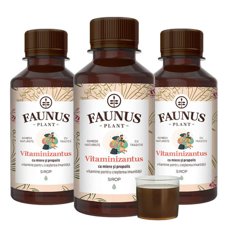 Pachet Vitaminizant Imunitate Copii - Sirop Vitaminizantus cu Miere și Propolis de la Faunus Plant, vedere frontală, format din trei sticle de sirop cu capacitate de 200 ml, destinate susținerii imunității copiilor. Eticheta prezintă ilustrații atrăgătoare și denumirea produsului.