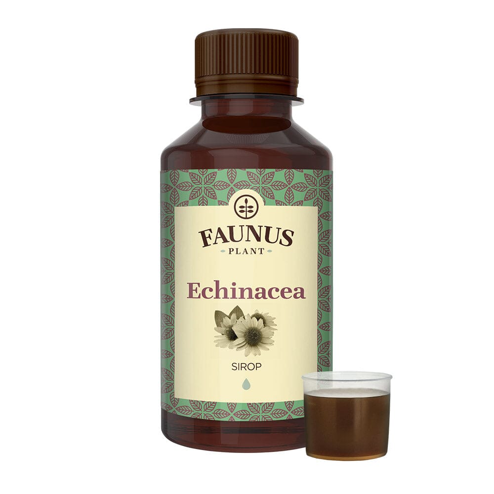 Flacon Sirop Echinacea 200 ml de la Faunus Plant din față pe fundal alb cu capac dozator alături care conține mostră de sirop | Cantitate - 200ml