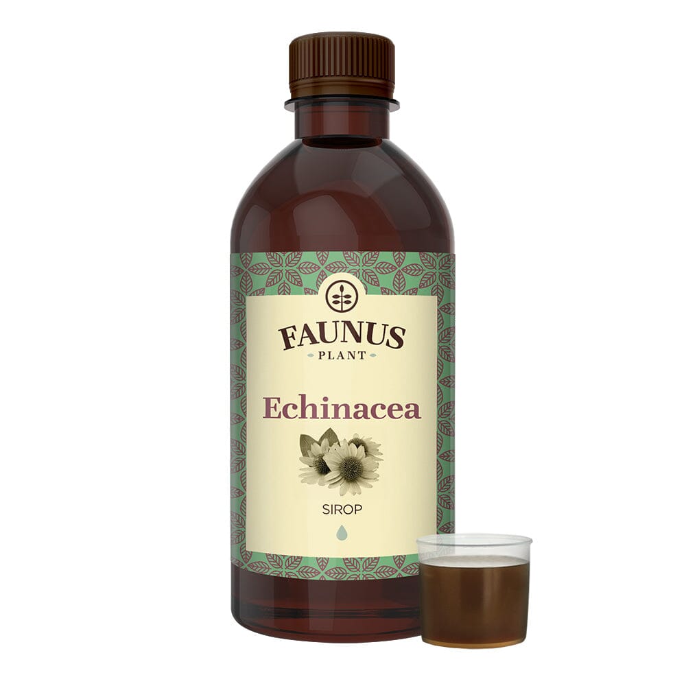 Flacon Sirop Echinacea 500 ml de la Faunus Plant din față pe fundal alb cu capac dozator alături care conține mostră de sirop.