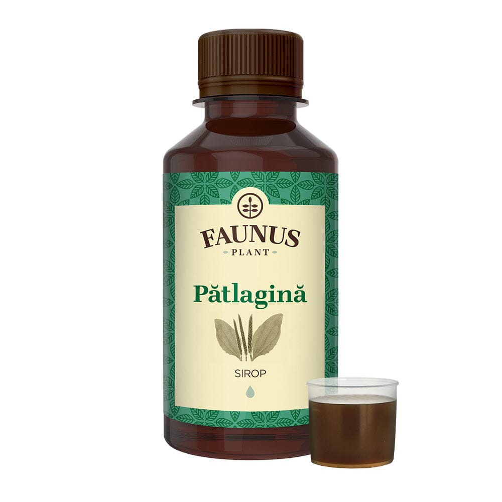 Sirop de Pătlagină de 200 ml de la Faunus Plant pozat din față pe fundal alb cu capac dozator alături care conține mostră de sirop | Cantitate - 200ml