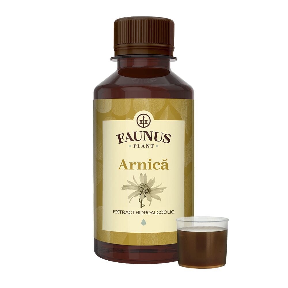 Flacon Tinctura Arnică de 200ml, căreia i se observă eticheta frontală, logo și denumirea. În dreapta produsului, o mostră reprezentativă.