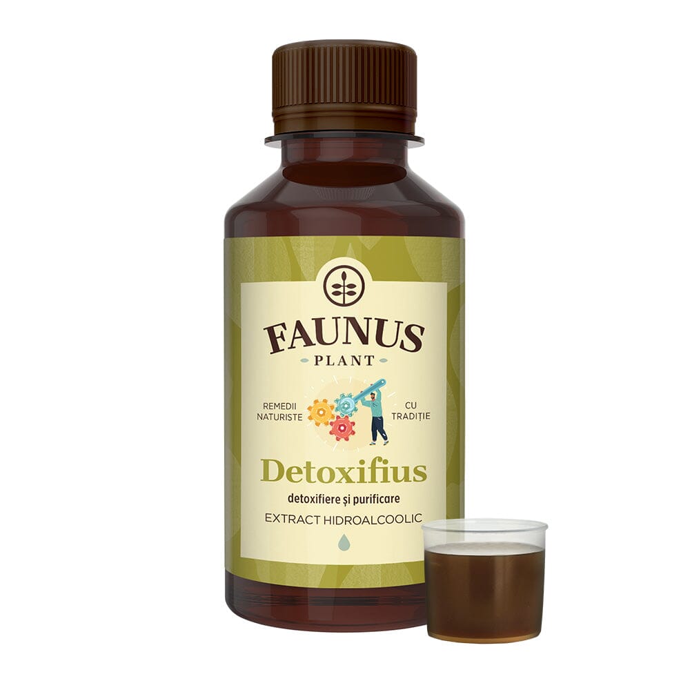 Flacon Tinctura Detoxifius de 200ml, căreia i se observă eticheta frontală, logo și denumirea. În dreapta produsului, o mostră reprezentativă.