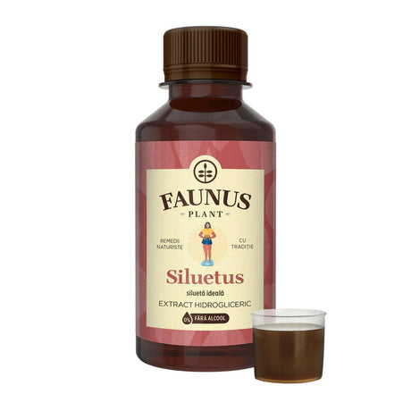 Flacon Tinctura Siluetus fără alcool de 200ml, căreia i se observă eticheta frontală, logo și denumirea. În dreapta produsului, o mostră reprezentativă.