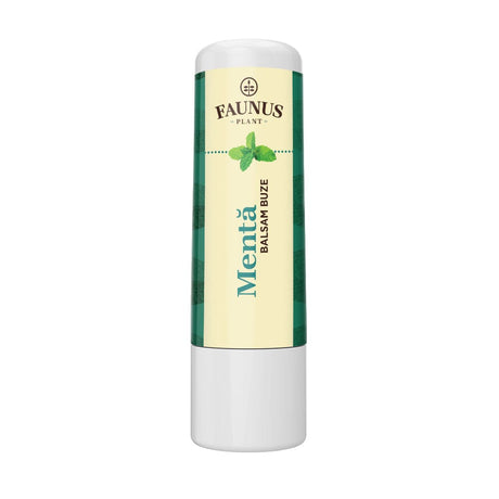 Balsam de buze cu Mentă de la Faunus Plan pozat din față, pe fundal alb, design cu verde și ilustrație grafică cu o frunză de mentă. Produsul este destinat hidratării și protecției buzelor.