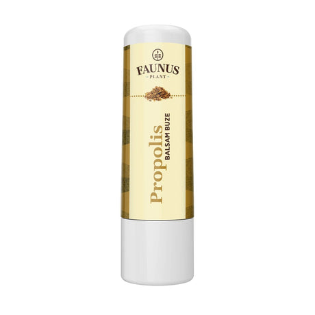Balsam de buze cu Propolis de la Faunus Plan pozat din față, pe fundal alb, design cu maro închis și ilustrație grafică cu propolis. Produsul este destinat hidratării și protecției buzelor.