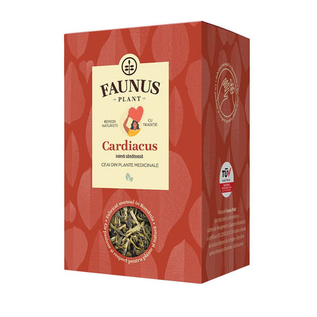 Pachet Inima Sănătoasă de la Faunus Plant, ce conține Ceai Cardiacus și flacon de Tinctură Cardiacus de la Faunus Plant, pachet dedicat menținerii sănătății inimii. Design în nuanțe de roșu cu ilustrație a unei inimi stilizate și logo Faunus Plant, simbolizând produse naturiste de calitate.