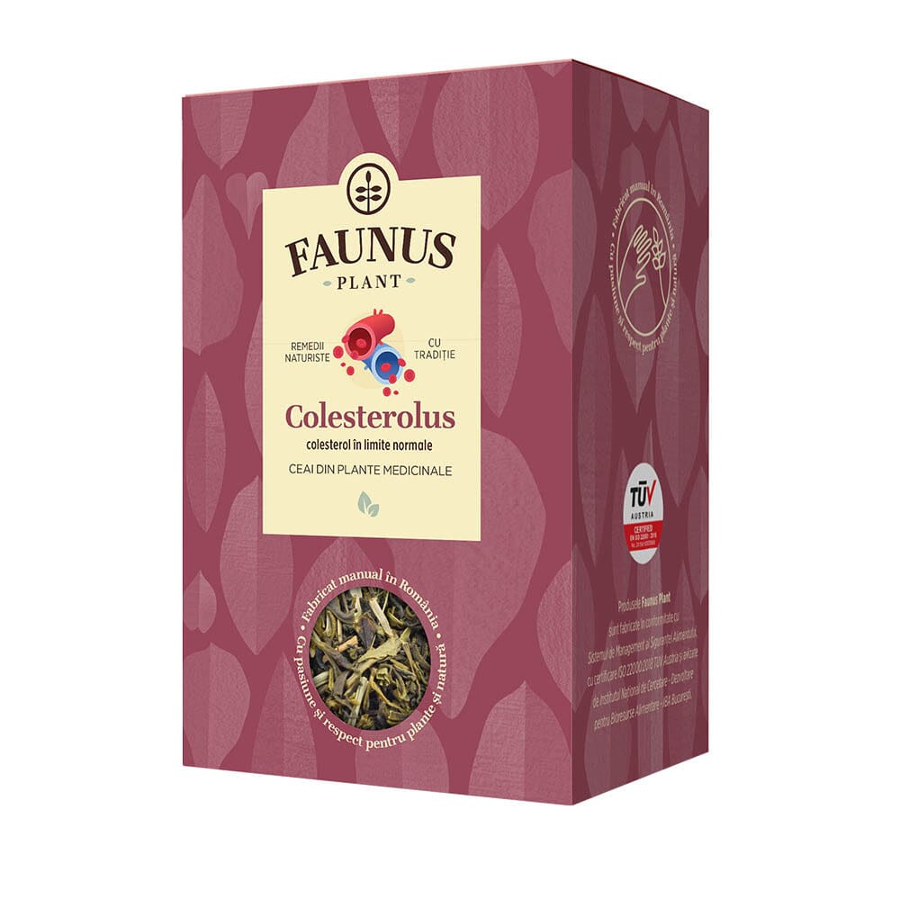 Pachet Colesterol și Trigliceride Mărite de la Faunus Plant, care conține ceai și flacon de tinctură Colesterolus de la Faunus Plant, vizibile în față, cu etichete detaliate și grafică reprezentativă pentru reducerea colesterolului și trigliceridelor. Ambalajul include logo-ul Faunus Plant și sigla TÜV Austria.