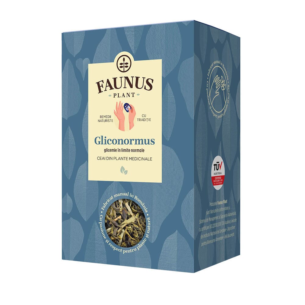 Cutie de Ceai Gliconormus 90g de la Faunus Plant, vedere frontală, prezentând designul albastru și ilustrația mâinilor care verifică glicemia, destinat menținerii glicemiei în limite normale. Certificat TÜV Austria.