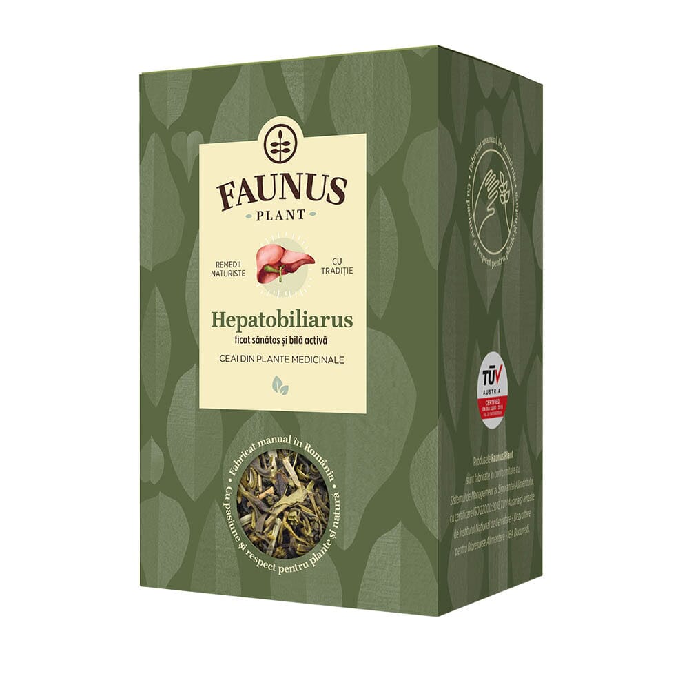 Cutie de ceai Hepatobiliarus 90g de la Faunus Plant, fabricat manual în România, pentru un ficat sănătos și bilă activă, cu un design verde și logo-ul TÜV Austria.