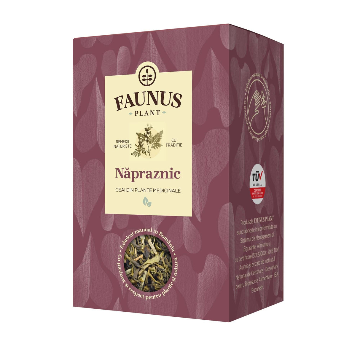 Cutie de Ceai Năpraznic 90g de la Faunus Plant, vedere frontală, cu design în nuanțe de violet și ilustrația plantei Năpraznic (Geranium robertianum) pe etichetă. Ambalaj destinat pentru normalizarea activității glandelor sexuale și susținerea sistemului digestiv, cu logo Faunus Plant și sigla TÜV Austria.