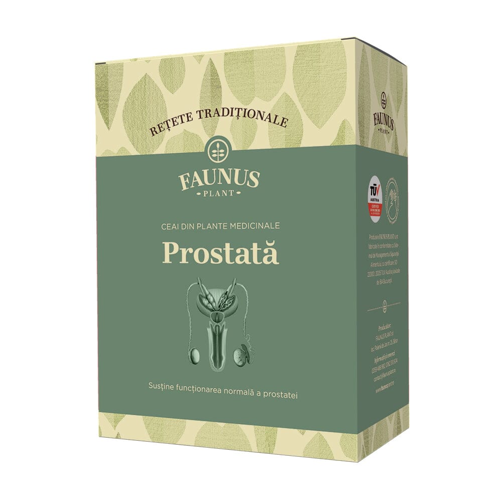 Ambalajul frontal al Ceaiului Prostată 180g de la Faunus Plant, cu design verde și imagine stilizată a prostatei. Produsul susține funcționarea normală a prostatei.