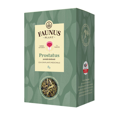 Cutie de Ceai Prostatus 90g de la Faunus Plant, design verde și detalii despre compoziția sa naturală, sub sloganul Sistem nervos sănătos. În partea de jos, o fereastră rotundă lasă să se vadă plantele uscate din interior.