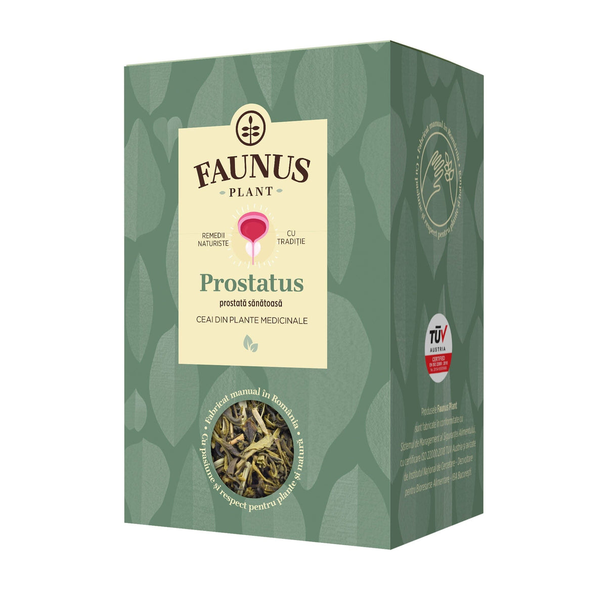 Cutie de Ceai Prostatus de la Faunus Plant, vedere frontală, ambalaj albastru, include un simbol al prostatei și inscripțiile „Remedii Naturiste” și „Cu Tradiție”. Ceai destinat menținerii sănătății prostatei și aparatului urinar. Produs fabricat manual în România, certificat TÜV Austria.