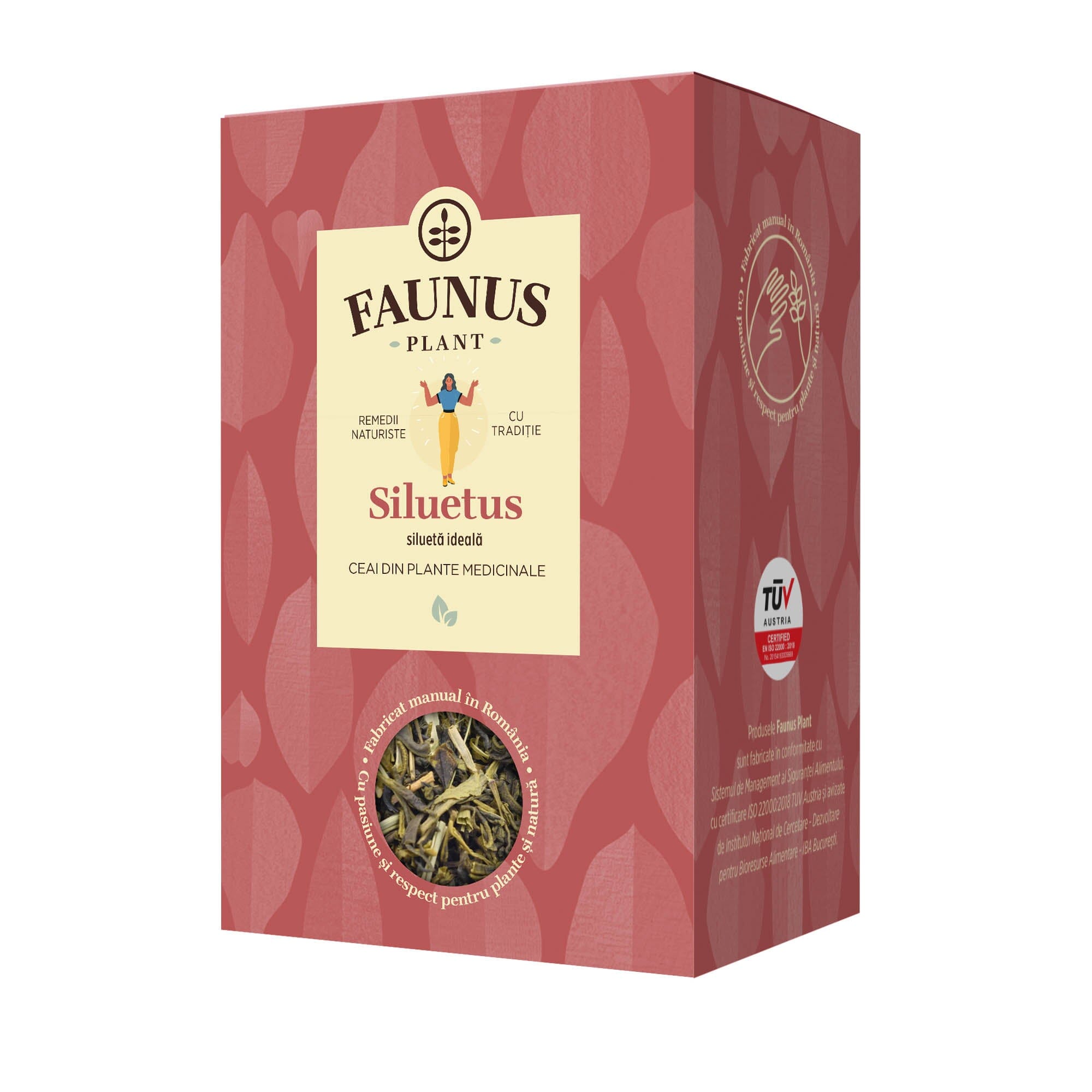 Cutia de ceai Siluetus 90g de la Faunus Plant, cu un design elegant și detalii despre produs, indicând utilizarea plantelor medicinale 100% naturale. Eticheta evidențiază certificările și producția manuală din România.