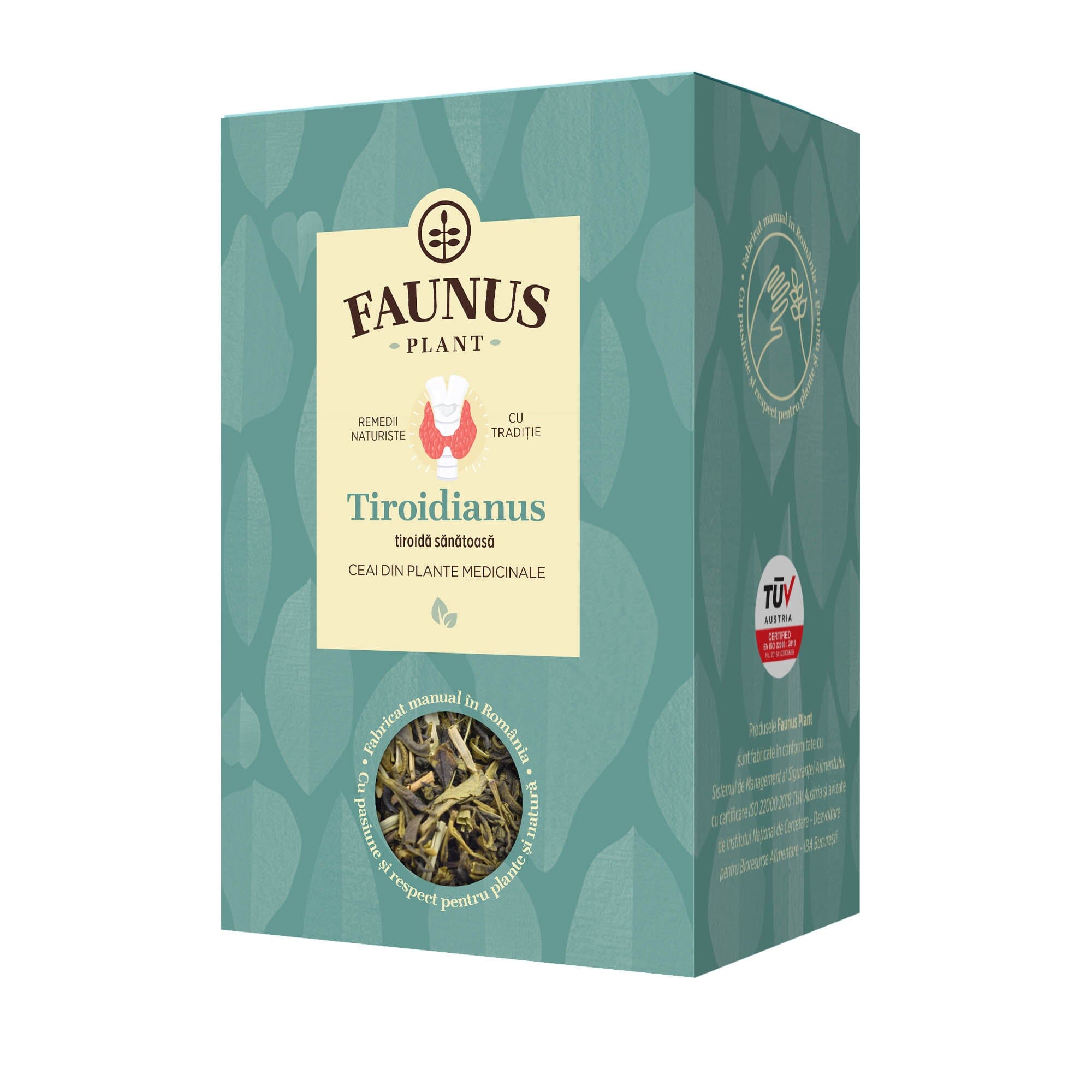 Cutie de Ceai Tiroidianus 90g de la Faunus Plant, pozată frontal pe fundal alb, evidențiind clar designul ambalajului și fereastra transparentă cu amestec de plante medicinale.