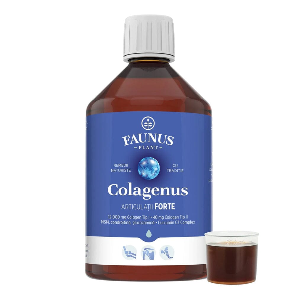 Flacon Colagenus Articulații Forte de la Faunus Plant, pe fundal alb, având alături un capac cu dozator care conține 25ml de colagen lichid.