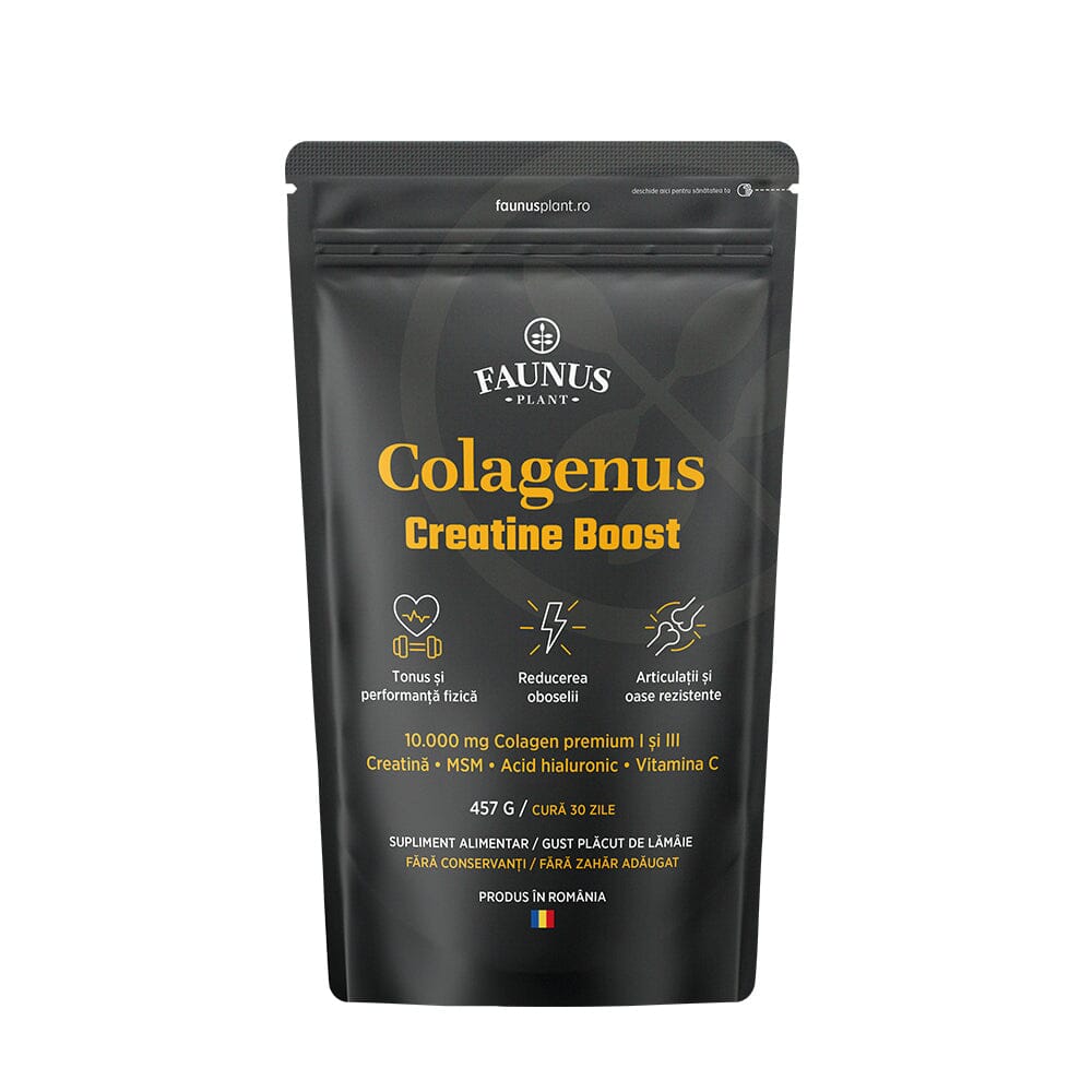 Colagenus Creatine Boost – Colagen pudră cu acid hialuronic și creatină. Colagen tip 1 și 3 pentru masa musculară, articulații sănătoase și piele hidratată. Pudră 450g Pudra Faunus Plant